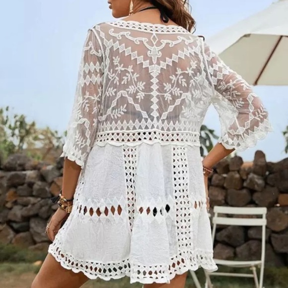 White Sheer Mesh Boho Embroidered Coverup Blouse Top - Picture 6 of 6